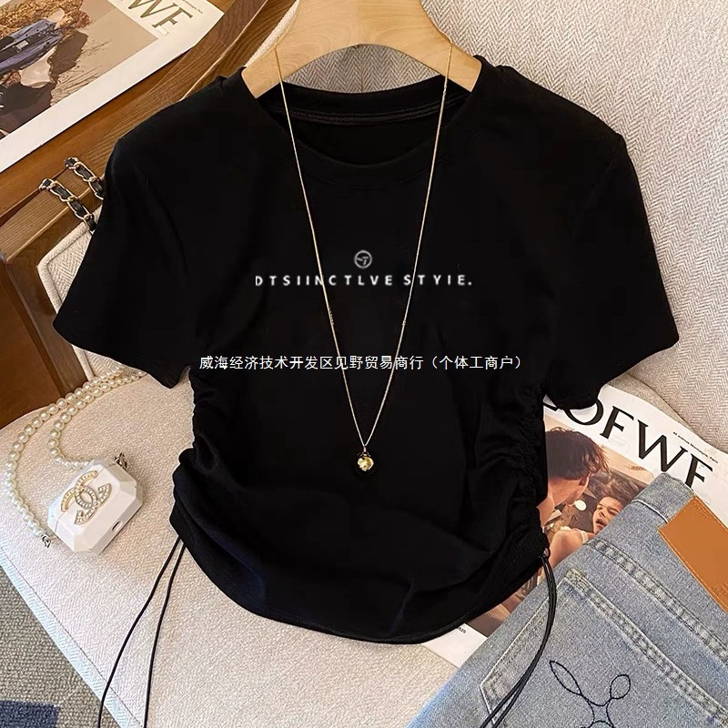 Нерегулярная черная футболка с короткими рукавами на правое плечо и шнурком для женщин, летний дизайн, нишевый короткий топ в американском ретро стиле