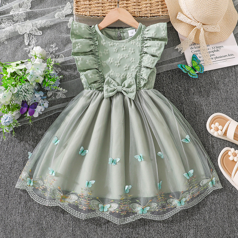 Vestido de niñas ropa infantil europea y americana 26 verano nuevo niño sin mangas encaje empalmado malla dulce vestido de princesa image 10