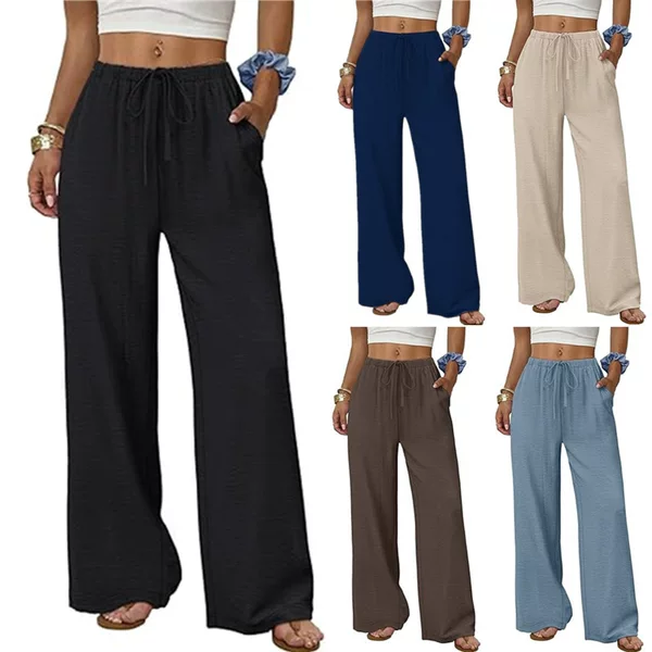 2026 European and American Cross-Border Fashion Casual Solid Color Versatile Elastic Waistband Pocket Beach Wide-Leg Pants Women's Long Pants