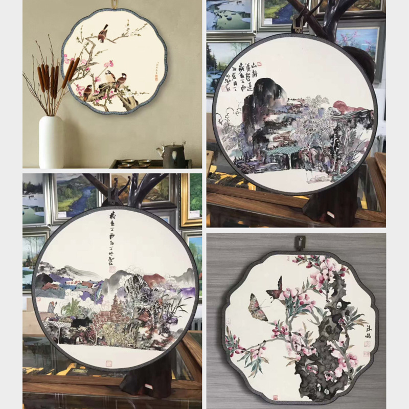 De doble cara de seda cocida en blanco Palacio ventilador colgando Pantalla de pintura ventilador pasillo estudio pintura de la pared ventilador japonés superficie del ventilador de seda