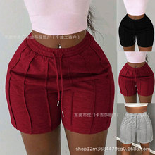 跨境欧美女装亚马逊速卖通女士夏季新款纯色休闲抽绳短裤裤子