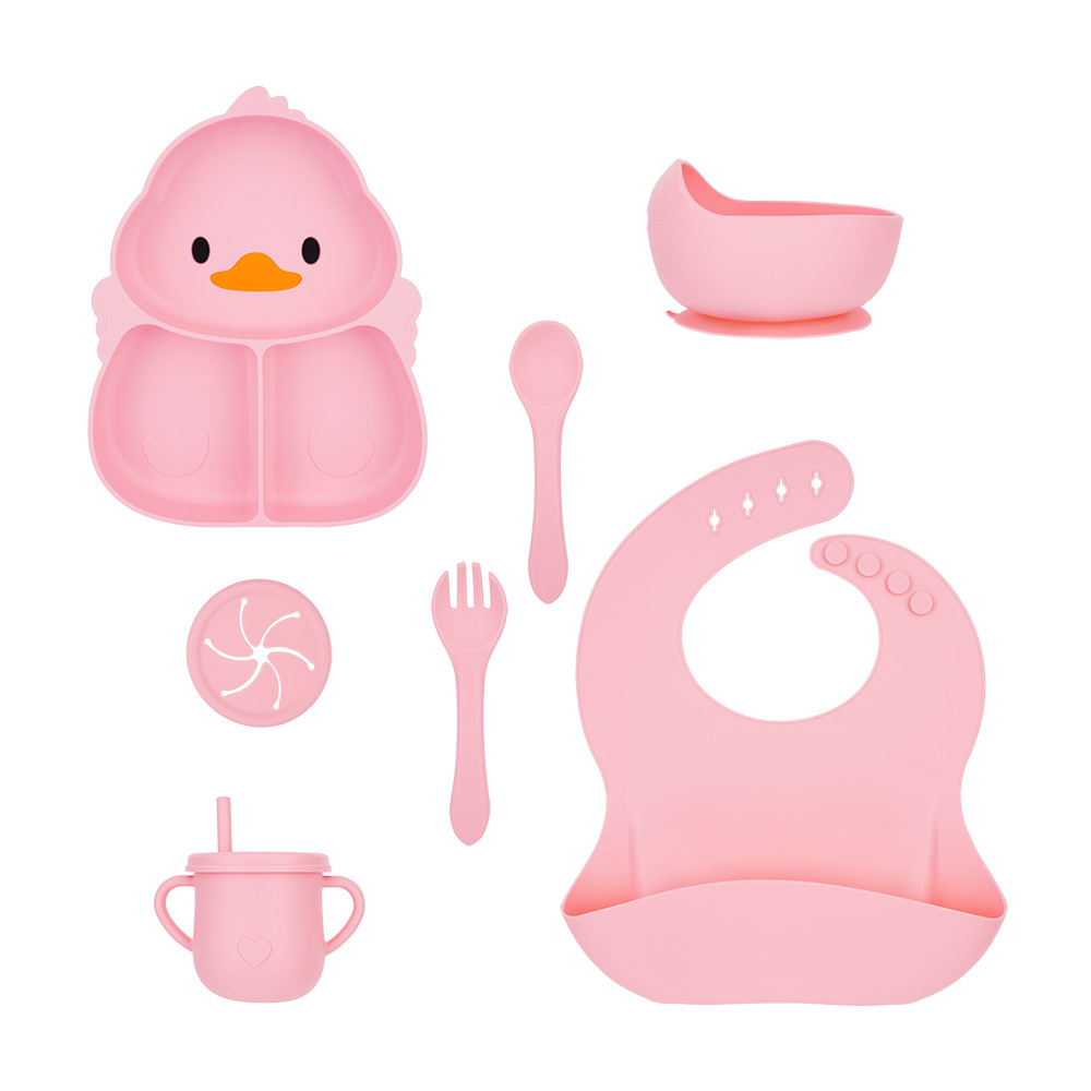 오리풍 핑크 디너 접시 + 실리콘 포크 + 스푼 + 그릇 + 쌀주머니 + 컵 + 뚜껑 2개 8종 세트
