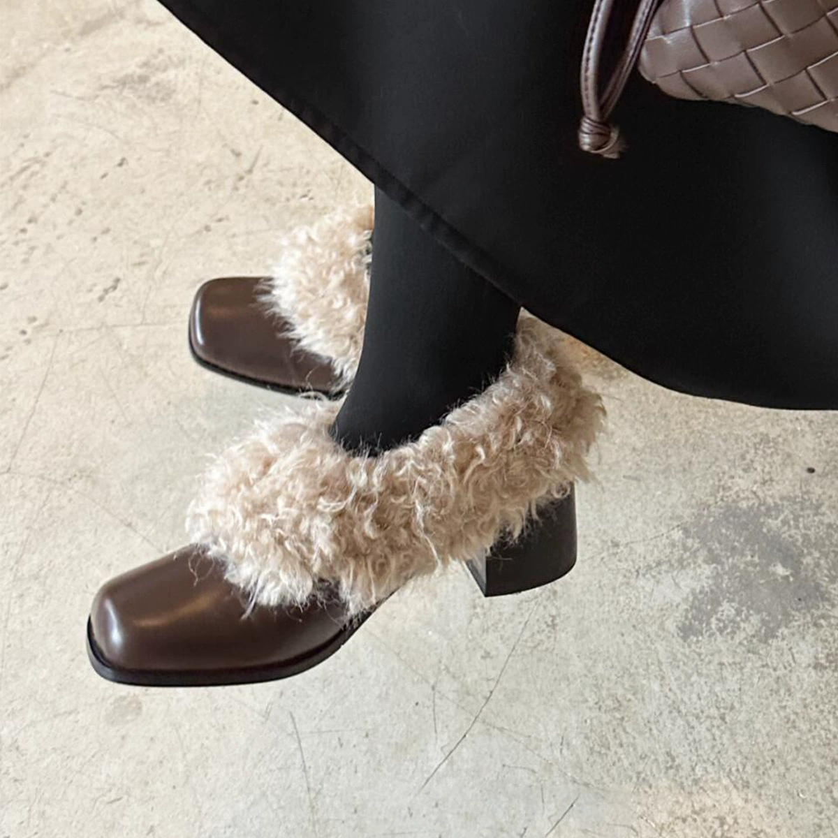 Овчинная версия ~ Ретро квадратная кожаная одиночная обувь женская педаль плюс бархат теплая хлопчатобумажная обувь темперамент женская обувь на высоком каблуке