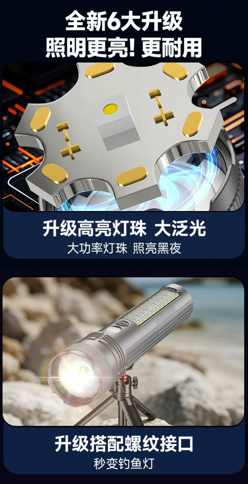 New Silver Dragon Ultra-Bright Flashlight Outdoor Aluminum Alloy Four-Light Source Long-Lasting Battery with Side Light and Smart Power Display