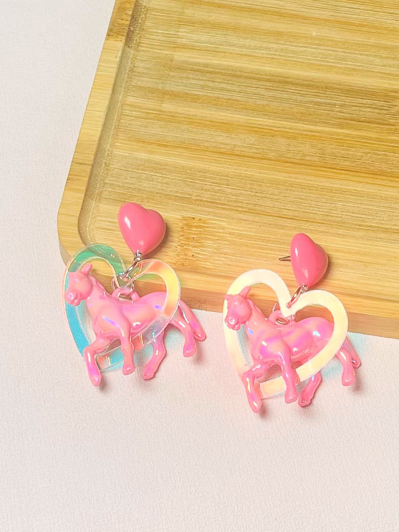20g Weight Drop Earrings Classification 1 Pair Quantity Wedding, Carnival, Birthday Occasion Acrylic Material Heart Shape, Horse Pattern Women's Gender Retro Style 1 Pair Retro Heart Shape Horse Arylic Drop Earrings 6