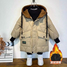 男童棉服冬款加棉加绒加厚外套中大童中长款连帽棉衣帅气pu皮