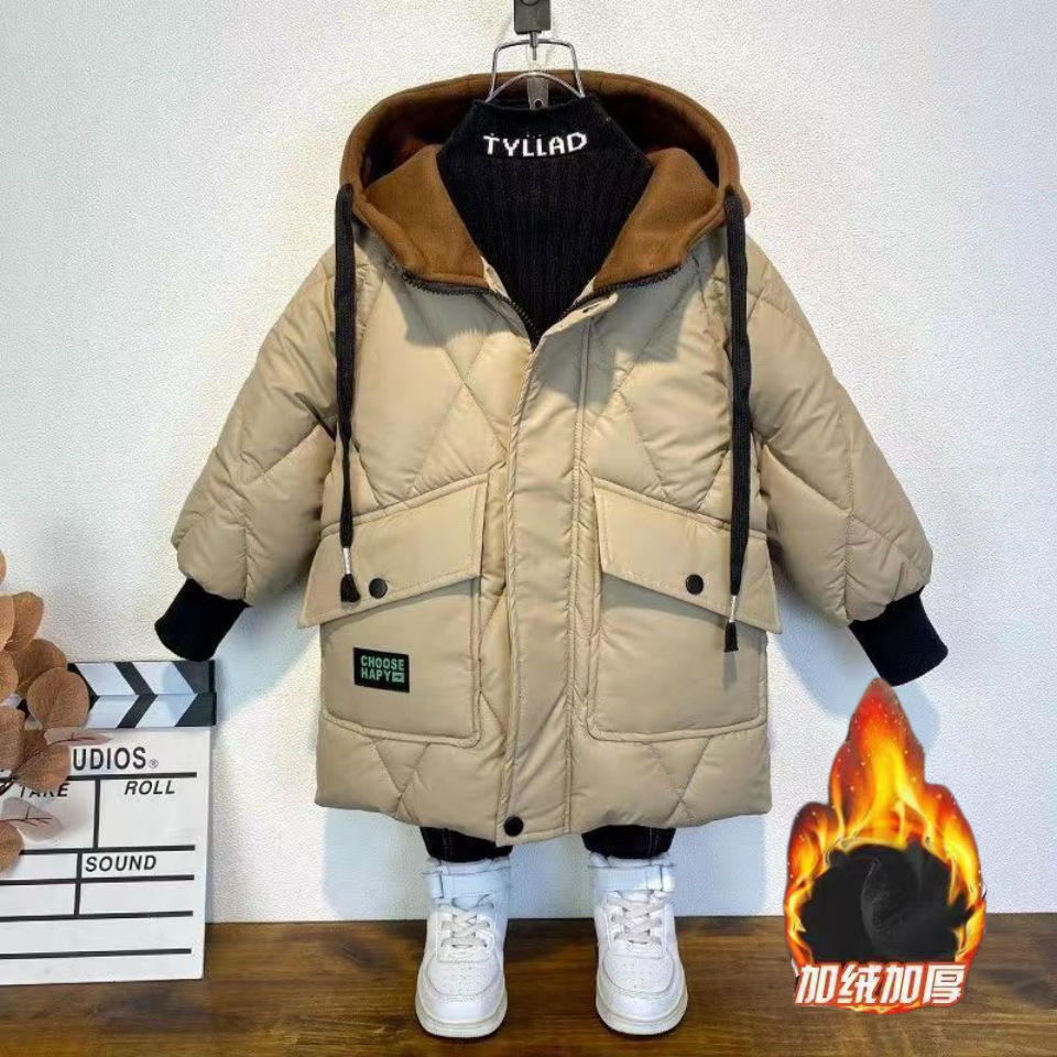 男童棉服冬款加棉加绒加厚外套中大童中长款连帽棉衣帅气pu皮