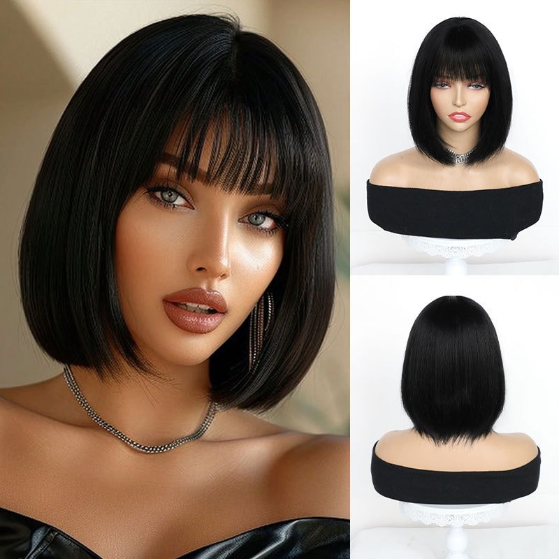 Short Straight Black Wig For Women Lace Frontal Bob Haircut With Bangs Natural Youthful Full Head Cover_voghion.com
