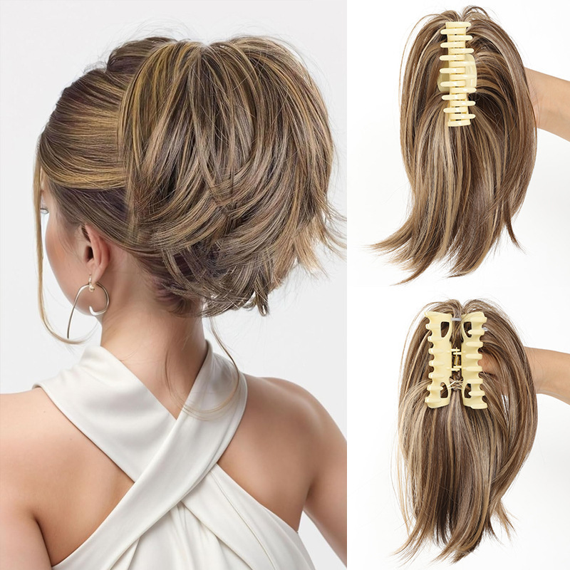 Foreign Trade European and American Wig Women's Ponytail Clamping Straight Hair Bun Short Messy Fluffy Hair Bag High Temperature Silk Ponytail