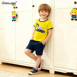 跨境夏款2-7岁t恤套装男套头两件套欧美风针织棉圆领童套装现货