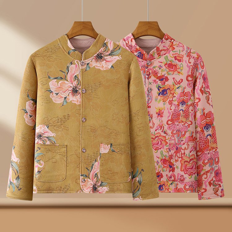 Mom's Clothing Autumn and Winter New Velvet Warm Cotton Outwear Middle-Aged and Elderly Women's Retro Buttoned Small Stand-Up Collar Flower Cotton Jacket