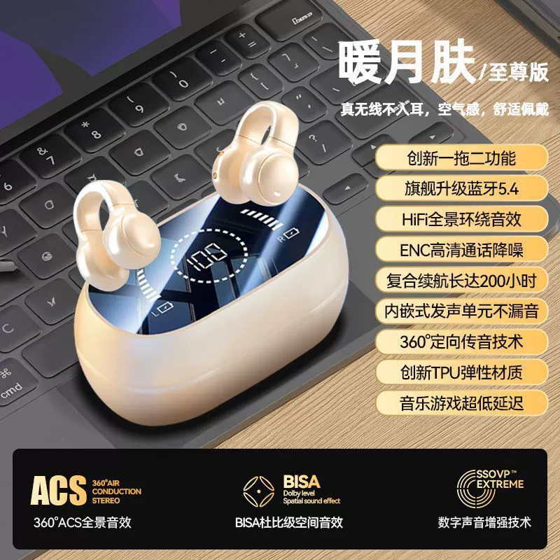Ear-Clip Wireless Headphones, Bluetooth, LED Display, Smart Extra-Long Loop Design