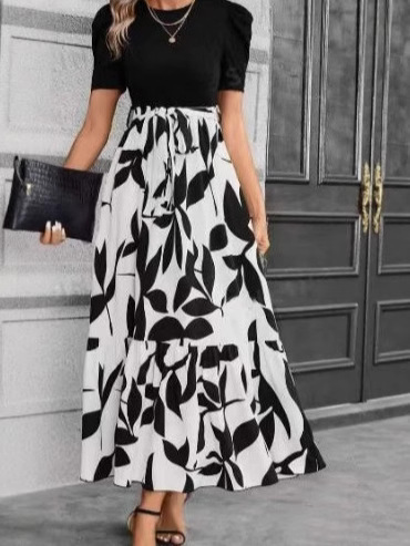 Cross-border women's spring dress 2025 best-selling floral print round neck dress, exotic vacation style elegant dress