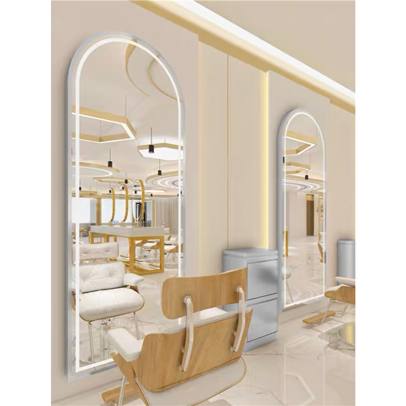 Barbería en línea tabla de espejo salón especial tipo pared simple barbería espejo de piso LED tabla de espejo de escaldado control táctil