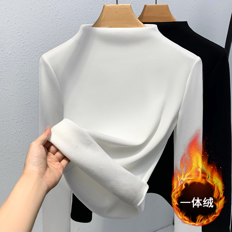 Camiseta de cuello medio alto para mujer, novedad de 2024, ropa de mujer, color sólido, acanalada, con forro polar integrado, capa interior cálida, top grueso con forro polar