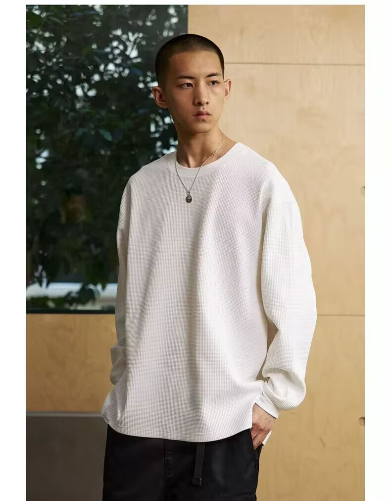 Herren Waffelstrick Langarm T-shirt Rundhalsausschnitt Freizeit_voghion.com