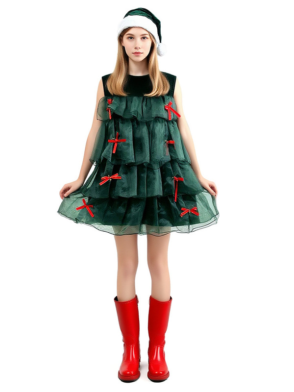クリスマス新作ノースリーブグリーンケーキスカートコスプレクリスマスツリー祭りパーティー演出服舞台衣装女|undefined