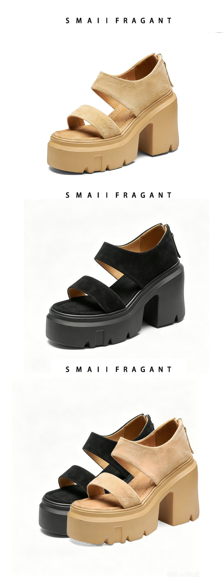 Sandal cao gót nữ quai ngang da cừu gót vuông 12 cm phong cách cổ điển La Mã — màu đen chi tiết 6