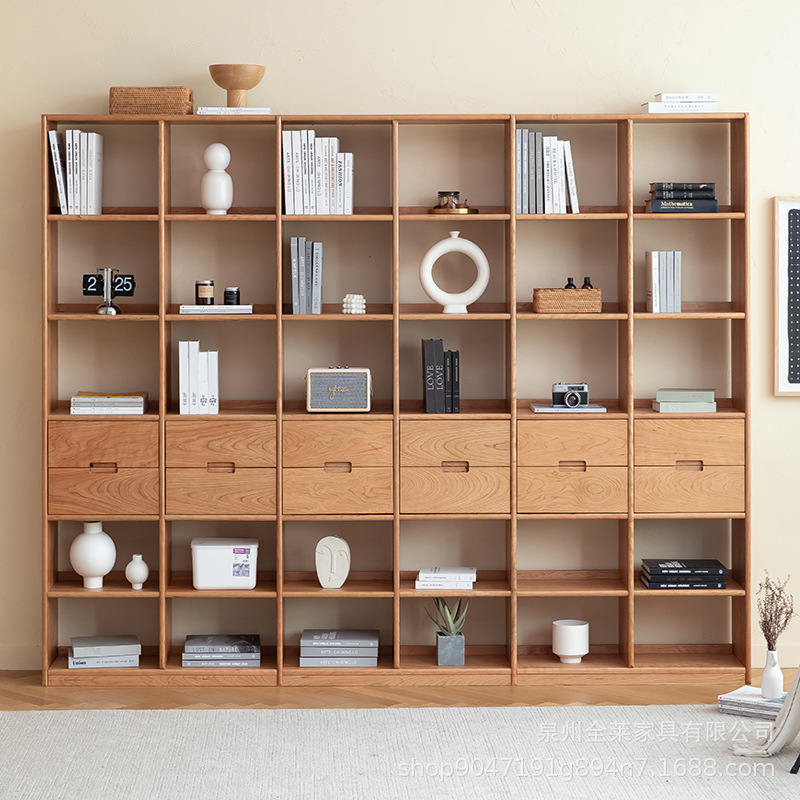 Japanese-Style Solid Wood Lattice Bookshelf, Nordic Natural Wood Style, Free Combination Cabinet, Home Living Room Storage Display Floor-Standing Bookcase