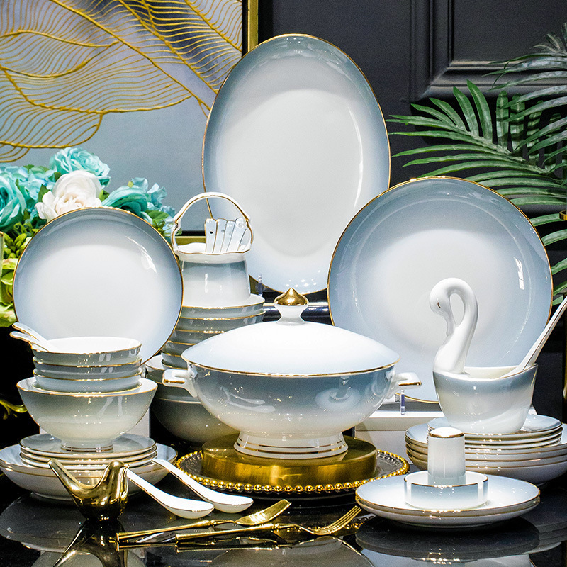 Jingdezhen Ceramic Tableware and Dishes Set for Home Nordic Style Gradient Gray High-Value Bowls and Plates Bone China Tableware Set