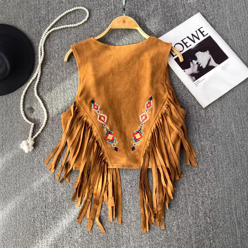 Fashionable Western Cowboy Suede Embroidered Fringe Vest for Women, Casual Jacket for Autumn and Winter