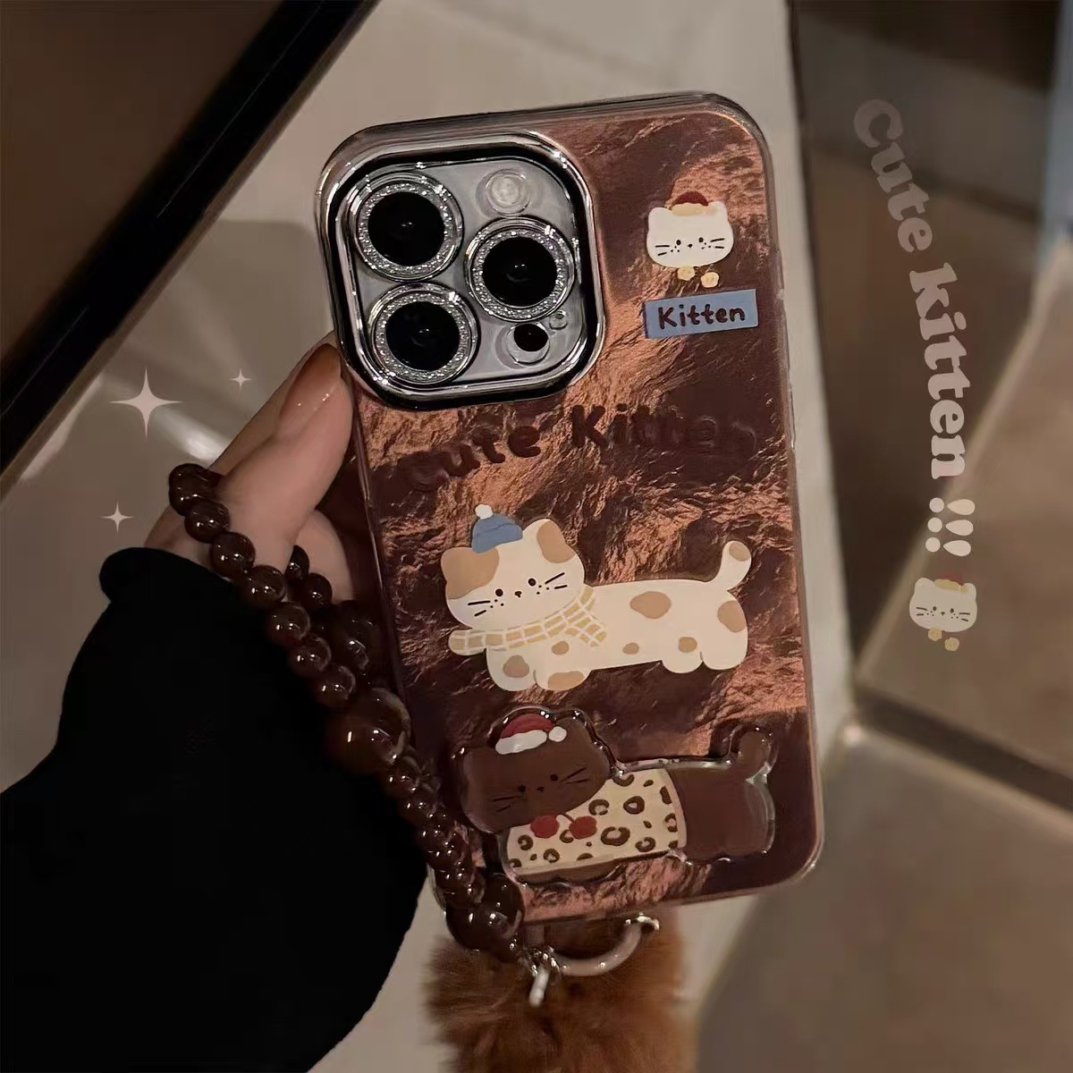 Otoño e invierno ins marrón gato soporte para iPhone14/13 funda para teléfono móvil 16ProMax Apple 15 cadena 16