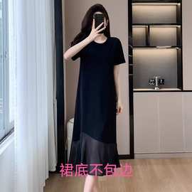 跨境不规则撞色拼接短袖连衣裙女设计感宽松显瘦圆领新款连衣裙