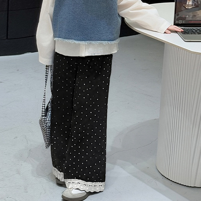 秋上新新款儿童波点韩系直筒裤春秋款女童蕾丝花边百搭宽松阔腿裤|undefined
