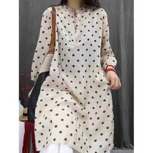 Cotton and Linen Polo Dot Women's 2024 Spring, Summer and Autumn New Chinese Style Retro Mid-Sleeve Top T-dress