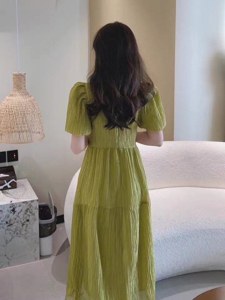 Đầm suông nữ midi cổ vuông tay phồng phong cách Pháp Hepburn — Màu xanh lá