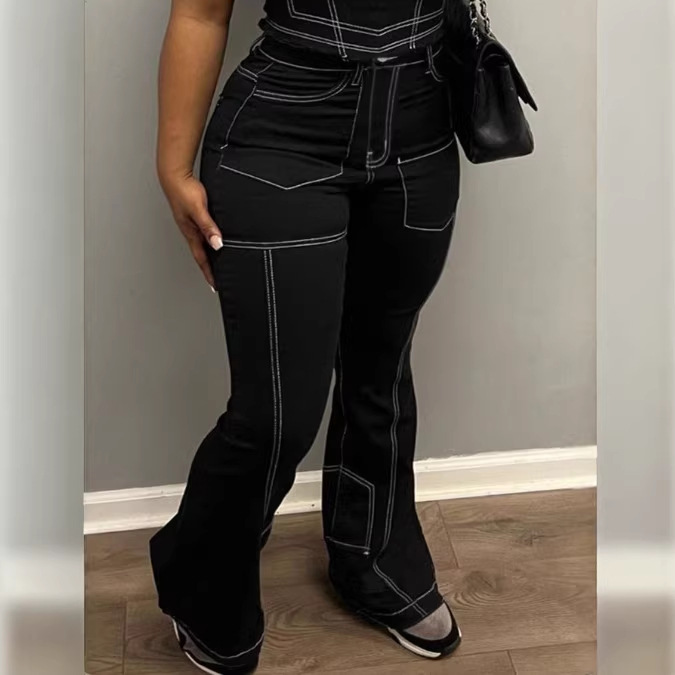 Fr870489 American-Style Multi-Pocket Flared Jeans for Women, Slimming High Street Vibe Pants with a Sense of Design Fr870489 American-Style Multi-Pocket Flared Jeans for Women, Slimming High Street Vibe Pants with a Sense of Design