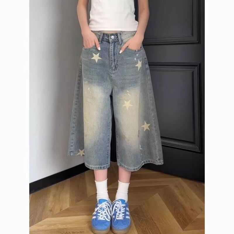 Slim Summer American Style Cropped Pants, Distressed Loose Retro Print, Super Hot New Star Large Size Denim Shorts for Women