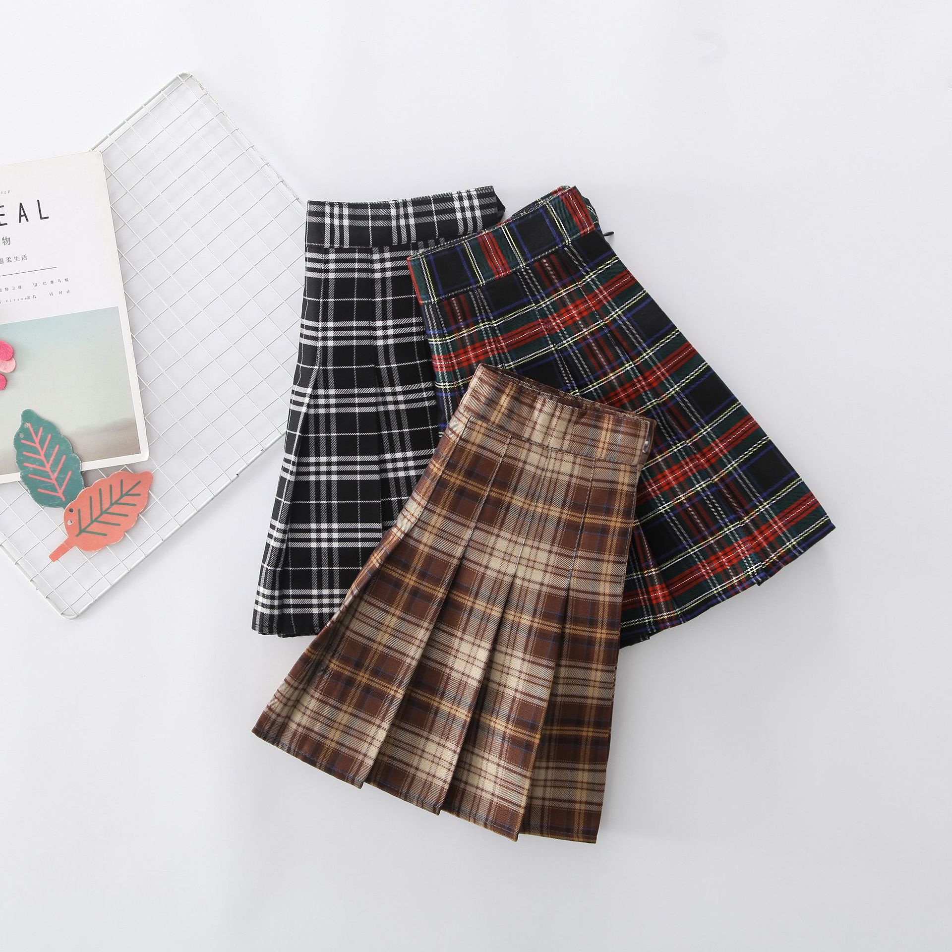 JK uniforme falda a cuadros genuina Escuela de estilo universitario japonés para marrón Plaid verano Falda plisada falda de cintura alta para mujeres