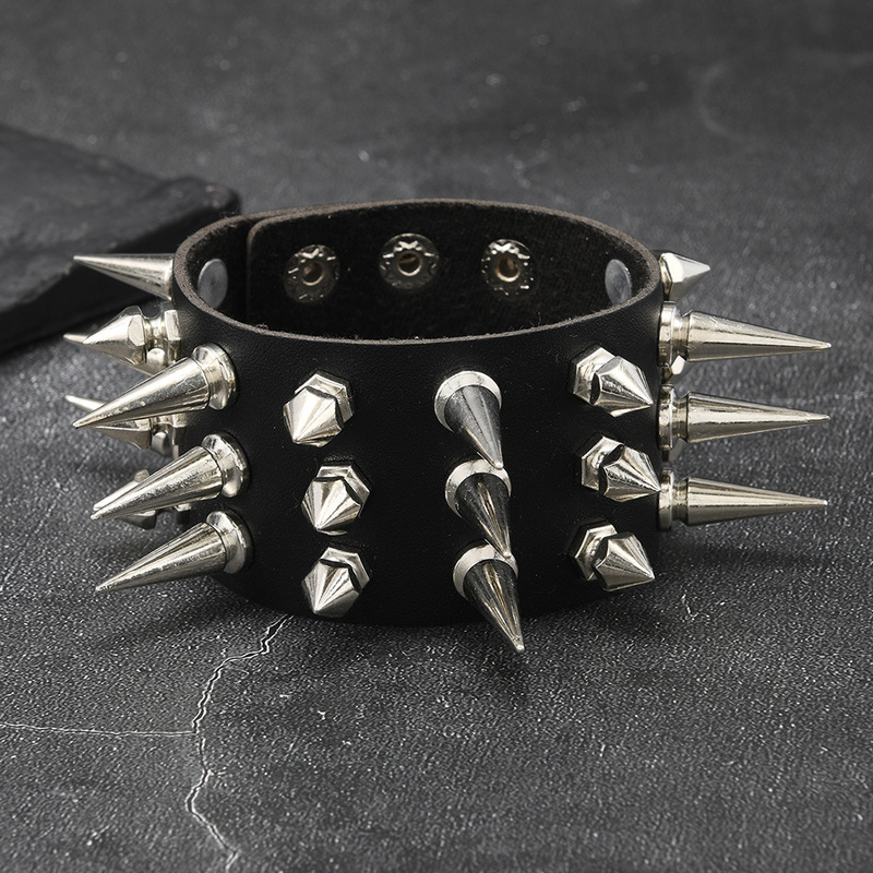 European and American New Cross-Border Accessories Three Rows of Spikes Exaggerated Punk Wide Leather Bracelet Personalized Bar Motorcycle Accessories