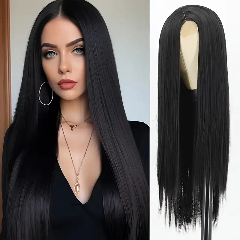 Peruca feminina longa e lisa, com fios naturais e volumosos, feita de seda resistente a altas temperaturas, com repartição central e acabamento em seda. Tamanho médio._voghion.com