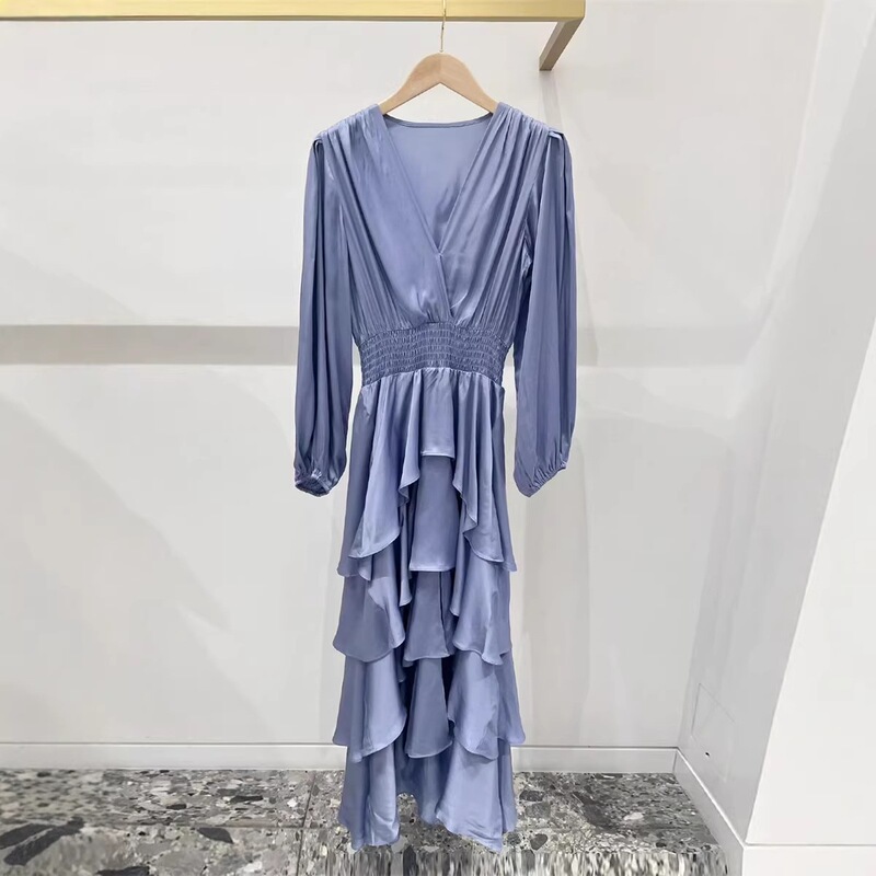 26 Spring and Summer New Fashion Elegant Rayon Satin High-Waisted Slim-Fit Tiered Dress French-Style Dress