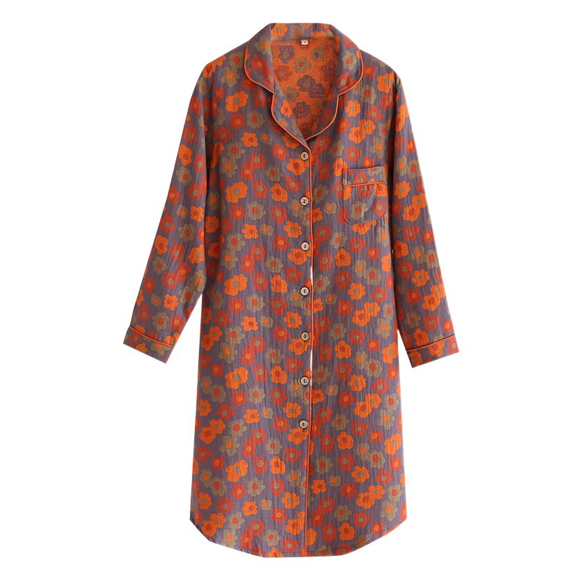 Estilo retro impreso camisón de las mujeres de primavera y otoño de algodón teñido con hilo de gasa de doble capa delgada suelta de manga larga homewear Pijamas