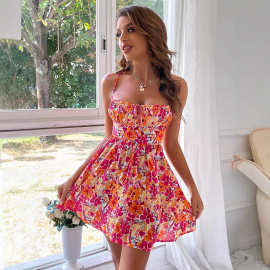 2026TEMU TK跨境女装度假风连衣裙春夏新款海边度假碎花方领短裙