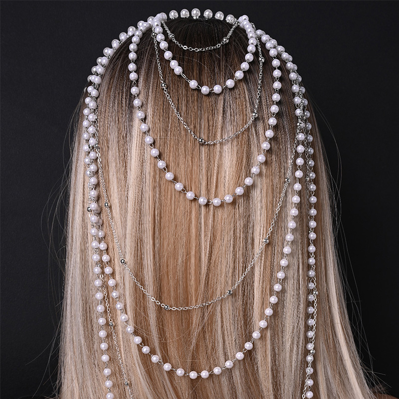 Europa y los Estados Unidos venden perlas en caliente, banda larga, cadena de cabello multicapa, accesorios de boda para mujeres, headwear