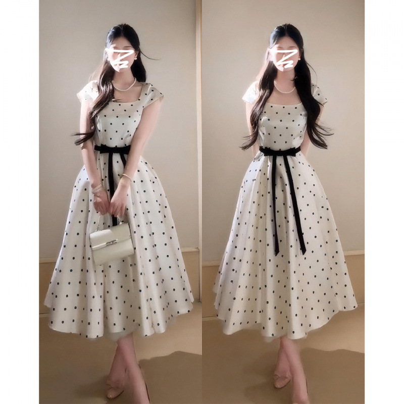 Square-Neck Tie-Waist Polka Dot Dress for Women, Summer 2026 New Style, Waist-Cinching, Slimming, Elegant Long Dress