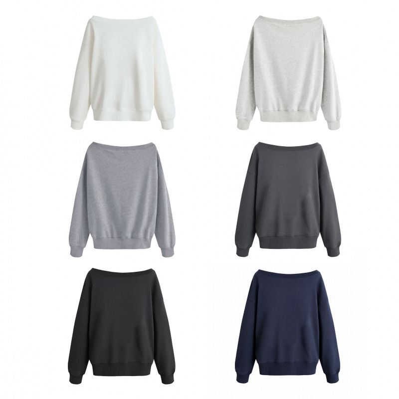 Shoulder slope big neckline cotton imitation milk silk composite 310g back wrapped collar off-shoulder sweatshirt plain top