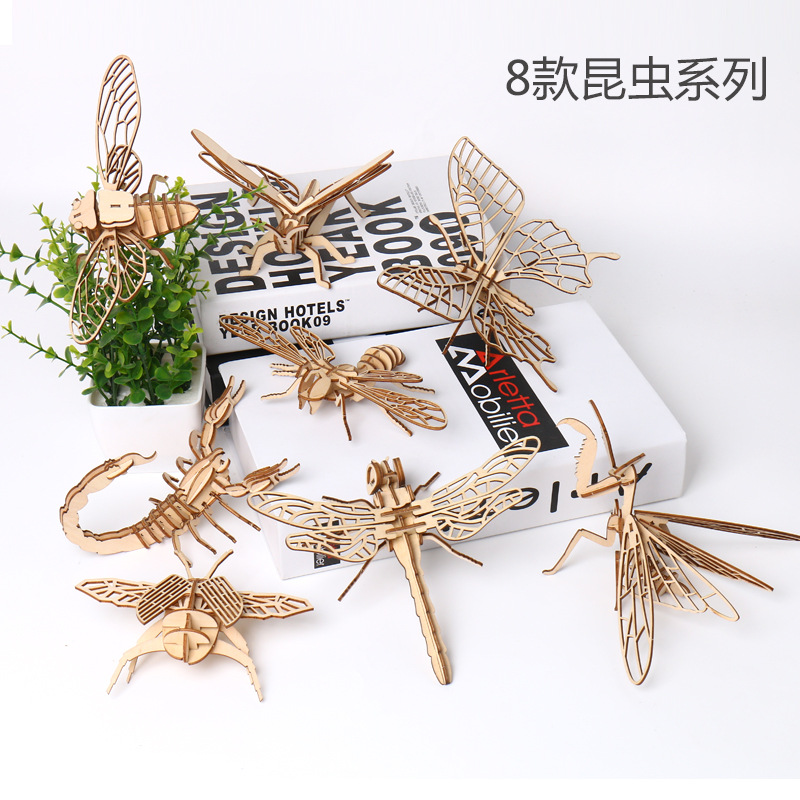 Assembled Colored Insects Wooden Model Puzzle Three-Dimensional Puzzle Handmade Model Building Blocks Children's DIY Wooden Toys