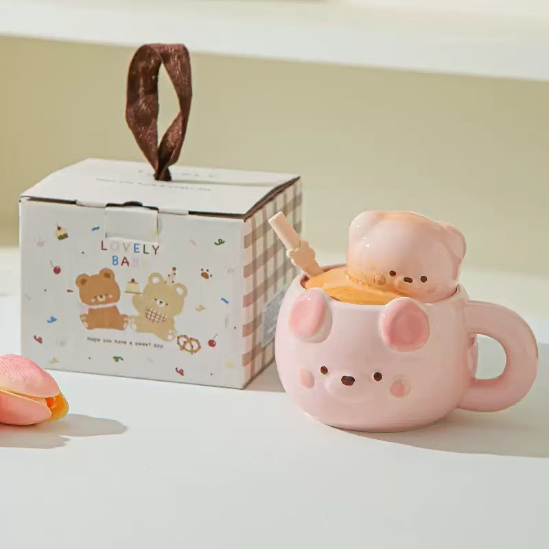Creativo dibujos animados lindos tazas de cerámica osos tridimensionales de alto valor facial para el hogar taza de leche taza de desayuno regalo de cumpleaños