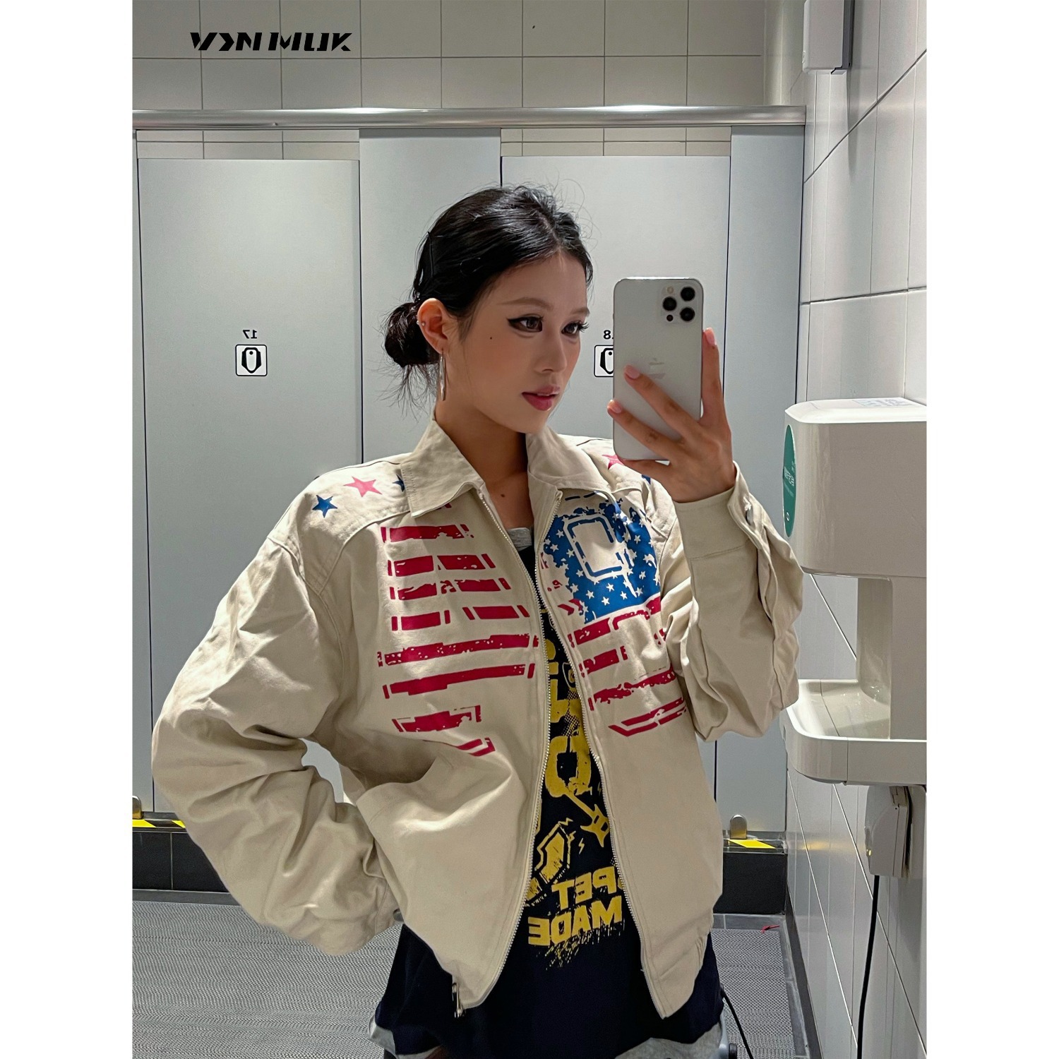 American retro flag print short cardigan jacket, unisex autumn casual top with a stylish design