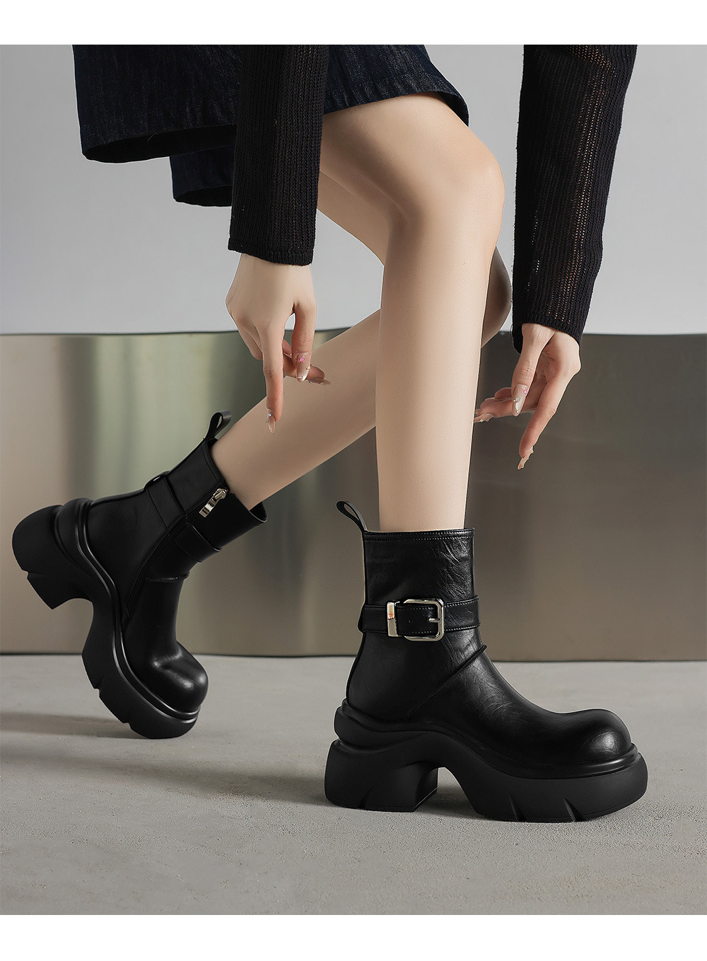 Giày bốt ngắn cổ thấp tăng chiều cao đế dày 7cm da thật khóa kéo mùa thu 2025 — Lớp lót nhung màu nâu, nhung đen, Li đơn màu nâu, Lớp lót đơn màu đen chi tiết 7