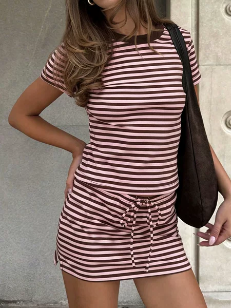 2025 New European and American Style Striped Short-Sleeved Dress for Women, Summer Waist-Cinching Slimming Casual Fashion Short Dress