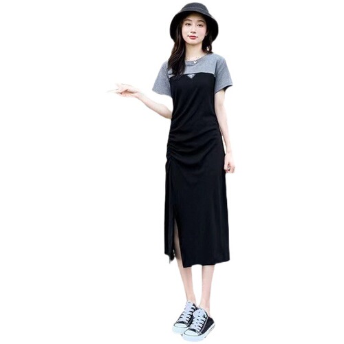 Women's Summer Long Dress, Body-Slimming, Stylish, Splicing, Short Sleeve, Knee-Length, Slit Dress