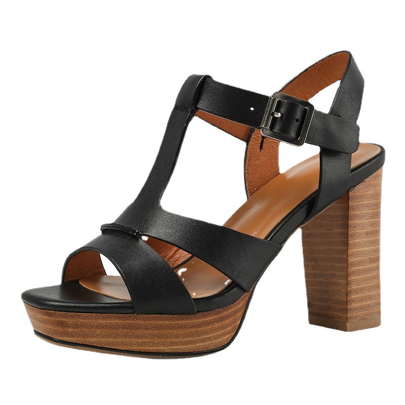 Sandal cao gót hở mũi retro 10 cm quai chữ T gót vuông da bò — Màu nâu