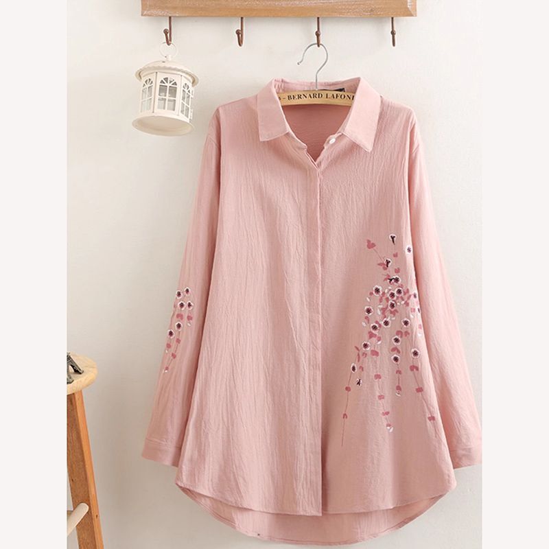 Spring Plus Size Women's Mid-Length Embroidered Cotton and Linen Shirts for Women 2025 Fat Loose Fashion Plus Size Shirts for Women