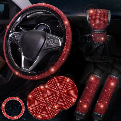 Car Handlebar Cover with Diamonds, Handbrake Steering wheel cover - red-38cm